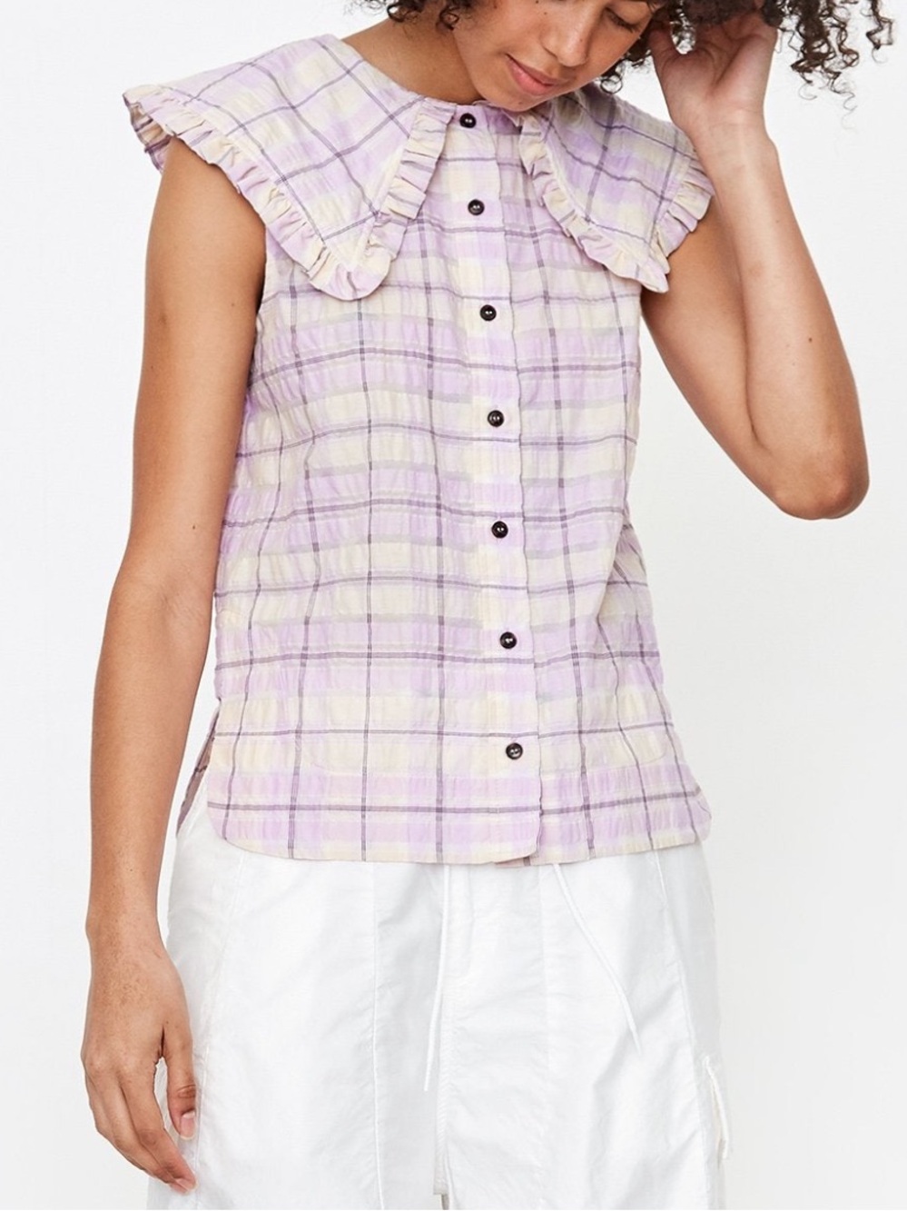 Ganni Womens Medium 40 Purple Check Ruffle Collar Blouse Scandi Feminine